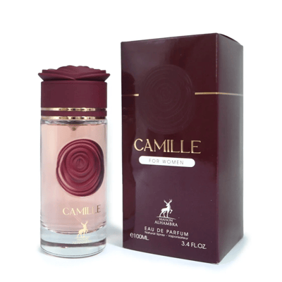 Maison Alhambra Camille by Maison Alhambra 100ml EDP — A rose-shaped burgundy cap sits atop a clear glass perfume bottle with a rose design and gold accents. The bottle is next to its matching burgundy box.