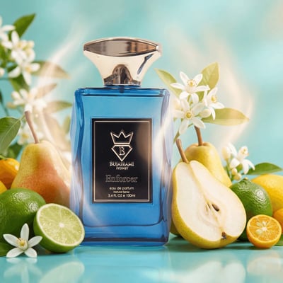 Bujairami Enforcer by Bujairami Eau de Parfum 100ml — Blue glass perfume bottle surrounded by fresh pears, limes, oranges, and white blossoms on a turquoise surface.