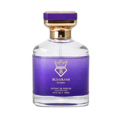 Bujairami Executor by Bujairami 100ml Extrait de Parfum — Clear glass bottle with a gradient purple label, gold accents, and a jeweled cap.