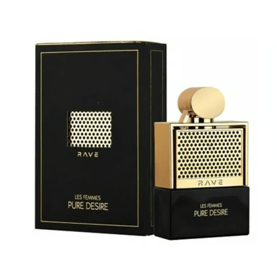 Rave Pure Desire Gold by Rave 100ml EDP — Black box with gold accents and a gold-accented perfume bottle with a gold cap, displayed together on a white background.