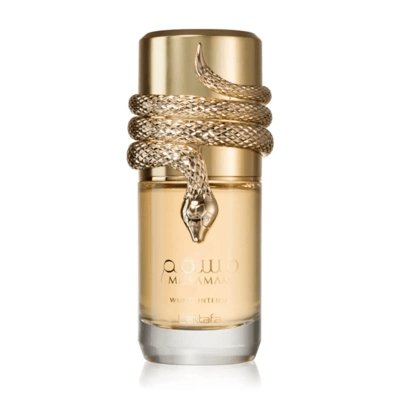 Lattafa Musamam Intense by Lattafa 100ml EDP — Gold bottle with a coiled snake design wrapping around it, featuring the product name in gold lettering.