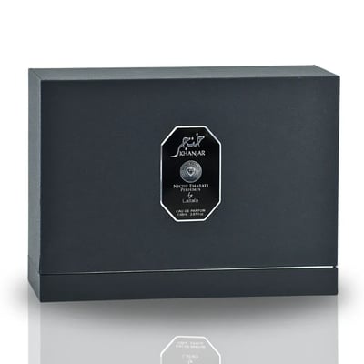 Niche Emarati Khanjar by Niche Emarati 85ml EDP — A black rectangular gift box with a silver emblem featuring Arabic script and 'KHANJAR' text, 'NICHE EMARATI PERFUMES by Lattafa' details, and 'EAU DE PARFUM 85ml 2.87fl.oz.'