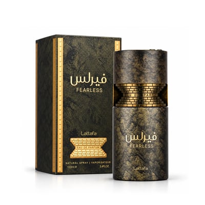 Lattafa Fearless by Lattafa 100ml EDP Men — Black textured box with gold trim and Arabic script, alongside a matching textured bottle with gold accents and Arabic script.