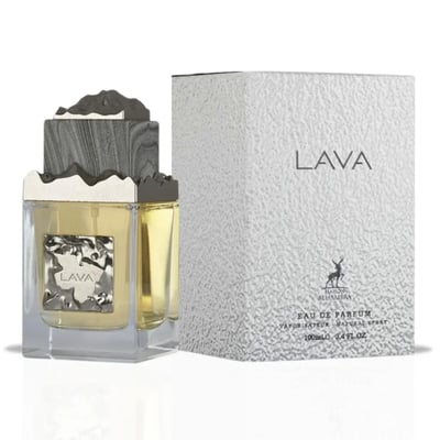 Maison Alhambra Lava by Maison Alhambra 100ml EDP — Square glass bottle with textured silver label and grey, jagged cap, next to its white textured box.