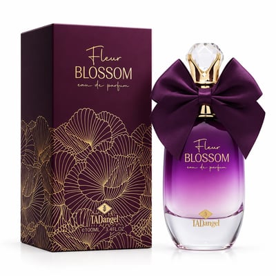 TADangel Fleur Blossom by TADAngel 100ml EDP Women — Purple gradient perfume bottle with a large satin bow, presented with its matching plum-colored box adorned with gold floral patterns.
