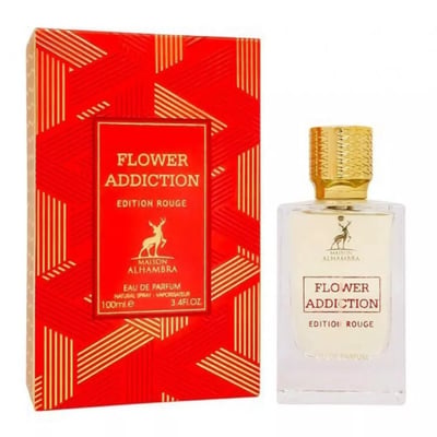Maison Alhambra Flower Addiction Edition Rouge 100ml — A red and gold patterned box is displayed next to a clear glass perfume bottle with a gold cap, both featuring the same branding and text. | Maison Alhambra Flower Addiction Edition Rouge 100ml — Kotak corak merah dan emas dipaparkan di sebelah botol minyak wangi