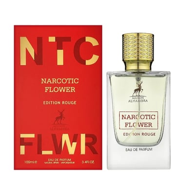 Maison Alhambra Flower Addiction Edition Rouge 100ml by Maison Alhambra — A red box with gold lettering "NTC" and "FLWR" is placed next to a clear glass perfume bottle with a gold cap and a deer logo. | Maison Alhambra Flower Addiction Edition Rouge 100ml by Maison Alhambra — Sekotak merah dengan tulisan emas "NTC"