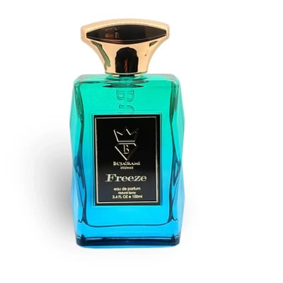 Bujairami Freeze by Bujairami 100ml EDP — A faceted glass perfume bottle with a blue-to-green gradient, featuring a gold cap and a black label with crown and 'B' logo.