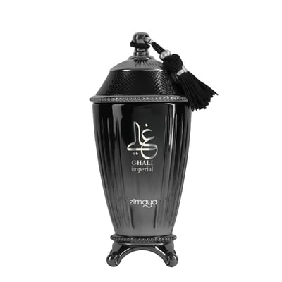Zimaya Ghali Imperial Eau De Parfum — A black, ornate perfume bottle with a textured lid and a black tassel, featuring Arabic calligraphy and "GHALI imperial" text. | Zimaya Ghali Imperial Eau De Parfum — Botol pewangi hitam berhias dengan penutup bertekstur dan rumbai hitam, menampilkan kaligrafi Arab dan teks "GHALI
