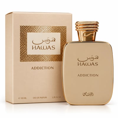 RASASI Hawas Addiction by Rasasi 100ml EDP — A gold-toned perfume bottle and its matching box, both featuring the 'Hawas Addiction' text and Arabic script, set against a white background.