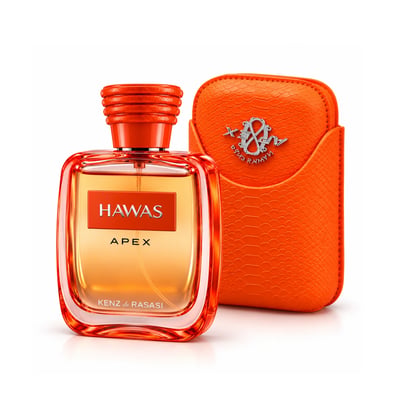 Kenz de Rasasi Hawas Apex — Orange perfume bottle with a textured orange case, featuring a silver emblem on the case.