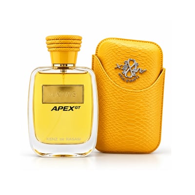 Kenz de Rasasi Hawas Apex GT — Yellow textured case with silver emblem next to a clear glass perfume bottle with yellow liquid and gold cap.
