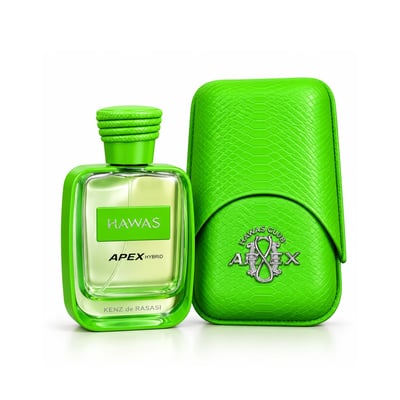 Kenz de Rasasi Hawas Apex Hybrid — Bright green perfume bottle and matching textured case with silver logo, presented on a white background.