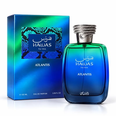 RASASI Hawas Atlantis by Rasasi 100ml EDP — Blue and green gradient glass perfume bottle with a textured silver cap, next to its matching blue and green snake-skin patterned box.