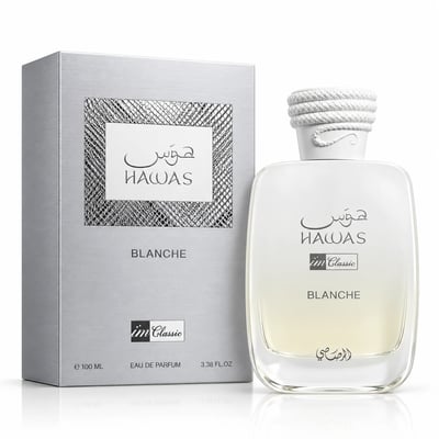 RASASI Hawas Blanche by Rasasi 100ml EDP — Silver box with textured square and white perfume bottle with rope-like cap, set against a white background.