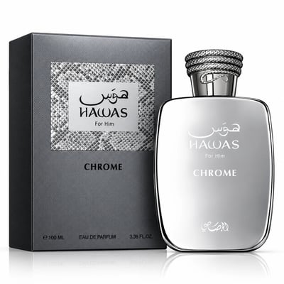 RASASI Hawas Chrome For Him by Rasasi 100ml EDP — Silver metallic perfume bottle and matching box with textured snake-skin pattern detail on the box
