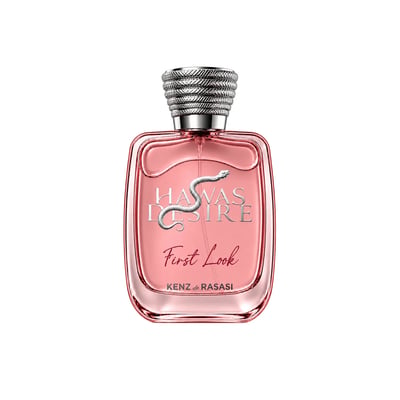 Kenz de Rasasi Hawas Desire First Look — Pink glass perfume bottle with a silver snake design and a textured silver cap, against a white background.