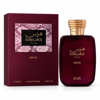 Rasasi Hawas Diva by Rasasi 100ml EDP — A maroon box with a snakeskin pattern detail sits next to a matching maroon perfume bottle with a gold snake-like cap.