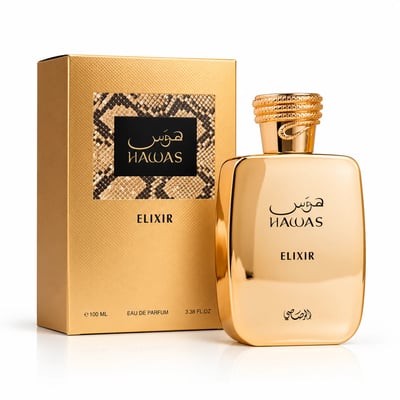 RASASI Hawas Elixir by Rasasi 100ml EDP — Gold bottle and matching gold box with snake print detail, presented on a white background.