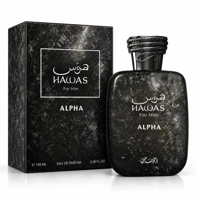 RASASI Hawas For Him Alpha by Rasasi 100ml EDP — A black textured box and a matching black textured perfume bottle with a braided cap, displayed side-by-side against a white background.