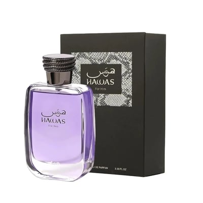 Rasasi Hawas For Him Eau De Parfum 100ml by Rasasi — A clear glass perfume bottle with purple liquid and a textured silver cap, placed next to its black textured box with a snake-skin pattern detail. | Rasasi Hawas For Him Eau De Parfum 100ml by Rasasi — Botol kaca jernih berisi cecair ungu dan penutup perak