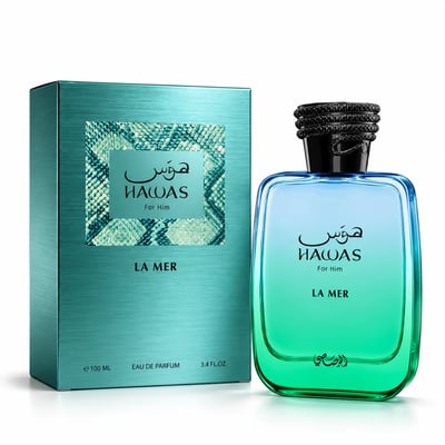 RASASI Hawas For Him La Mer by Rasasi 100ml EDP — Teal textured box and gradient blue-green glass bottle with black textured cap, set against a white background.