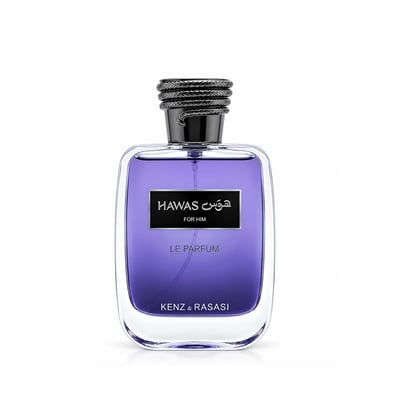 Kenz de Rasasi Hawas For Him Le Parfum — Purple glass bottle with black textured cap, black label with Arabic and English text, white background.