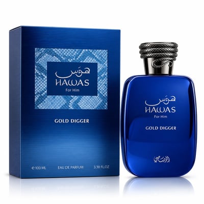 RASASI Hawas Gold Digger by Rasasi 100ml EDP — Blue glass perfume bottle with a snake-like cap next to its matching blue textured box, both featuring the Hawas logo and 'Gold Digger' text.