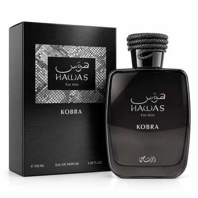 RASASI Hawas Kobra by Rasasi 100ml EDP — Black perfume bottle with a snake-like cap, next to its matching black box with a textured silver panel.