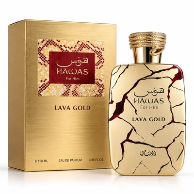 RASASI Hawas Lava Gold by Rasasi 100ml EDP — Gold textured box with red and gold patterned label next to a gold cracked bottle with red accents and a jeweled cap.