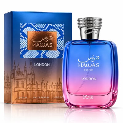 RASASI Hawas London by Rasasi 100ml EDP — Blue and pink gradient glass bottle with silver snake-like cap, next to its blue and gold patterned box featuring London skyline illustration.