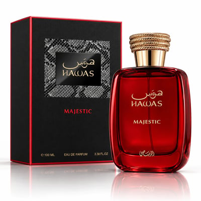 RASASI Hawas Majestic by Rasasi 100ml EDP — Red glass perfume bottle with gold cap next to its black textured box with a snakeskin-patterned insert