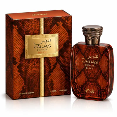 RASASI Hawas Private Dulce by Rasasi 100ml EDP — Orange snake-print box and bottle with gold accents and textured cap, set against a white background.