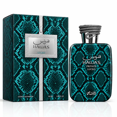 RASASI Hawas Private Luceo by Rasasi 100ml EDP — Teal snakeskin patterned perfume box and bottle with silver snake-like cap detail
