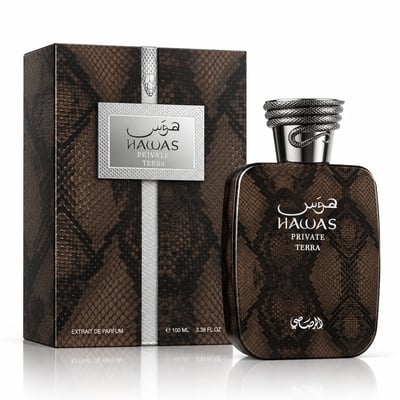 RASASI Hawas Private Terra by Rasasi 100ml EDP — Brown snakeskin patterned perfume box and bottle with a coiled snake cap, set against a white background.