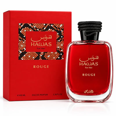 RASASI Hawas Rouge by Rasasi 100ml EDP — Red perfume bottle and matching red box with intricate patterned square on the front, set against a white background.