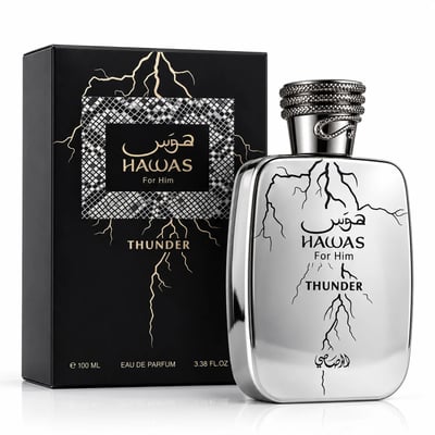 RASASI Hawas Thunder by Rasasi 100ml EDP — Silver bottle with black lightning design and matching black box with gold lightning accents, presented together on a white background.