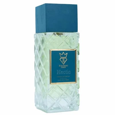 Bujairami Hectic — Clear glass perfume bottle with diamond-cut texture and a dark blue cap, featuring a gold-trimmed teal label with the Bujairami logo and product name.