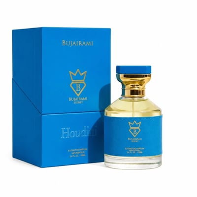 Bujairami Houdini by Bujairami 100ml Extrait — Blue box and glass perfume bottle with gold accents and blue label, featuring the Bujairami logo.