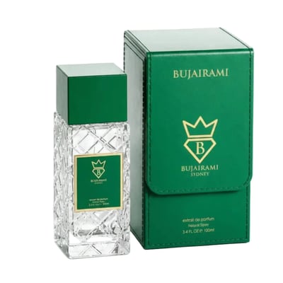 Bujairami Ibiza by Bujairami 100ml Extrait de Parfum — Clear faceted glass bottle with green cap and gold emblem, next to a matching green presentation box with gold emblem and text.