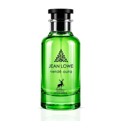 Maison Alhambra Jean Lowe Verde Aura — A vibrant green glass perfume bottle with a black cap, featuring a black leaf-like emblem and a deer silhouette on the label. | Maison Alhambra Jean Lowe Verde Aura — Botol kaca hijau terang dengan penutup hitam, menampilkan lambang hitam seperti daun dan siluet rusa pada label.