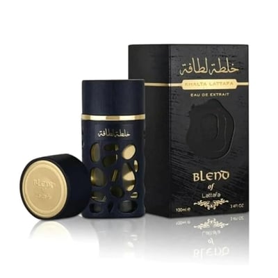 Lattafa Khalta Blend Of Lattafa Eau De Parfum 100ml — A dark blue perfume bottle with gold accents and a cut-out design, next to its matching dark box and cap, all on a white reflective surface. | Lattafa Khalta Blend Of Lattafa Eau De Parfum 100ml — Botol minyak wangi biru gelap dengan aksen emas dan reka bentuk