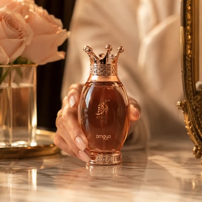 Zimaya Kibria Glory by Zimaya 100ml Women — Woman's hand holding a rose gold perfume bottle with a crown cap, soft pink roses in a glass vase in the background.