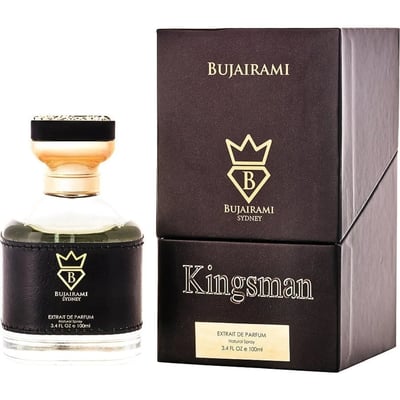 Bujairami Kingsman by Bujairami 100ml Extrait de Parfum — Clear glass perfume bottle with black leather wrap and gold accents, next to its dark brown presentation box with gold logo and text.