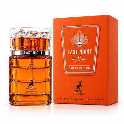 Maison Alhambra Last Night in Miami by Maison Alhambra 100ml Unisex — Amber liquid perfume bottle with a clear faceted cap and silver band, next to an orange box with white text and graphics.