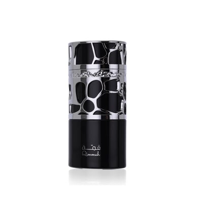 Lattafa Lattafa Qimmah Eau De Parfum for Men 100ml — Black perfume bottle with a silver ornate, cage-like overlay featuring an abstract, organic pattern, set against a white background with a subtle reflection. | Lattafa Lattafa Qimmah Eau De Parfum for Men 100ml — Botol minyak wangi hitam dengan lapisan perak berhias