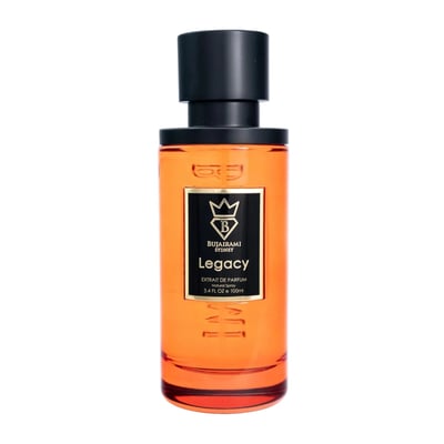 Bujairami Legacy by Bujairami 100ml Extrait — Orange glass perfume bottle with a black cap and a black label featuring a gold crown logo and the text 'Legacy'.