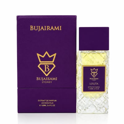 Bujairami Lolita Fruity Woody 100ml Extrait — Purple box and clear faceted glass perfume bottle with yellow liquid, gold crown logo