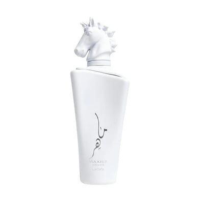 Lattafa Maahir Honor 100ml by Lattafa — White perfume bottle with a white horse head cap and Arabic calligraphy on the front | Lattafa Maahir Honor 100ml oleh Lattafa — Botol minyak wangi putih dengan penutup kepala kuda putih dan kaligrafi Arab di hadapan
