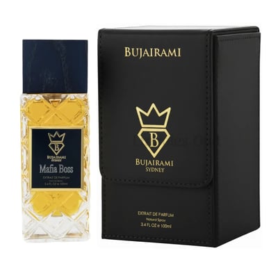 Bujairami Mafia Boss — Clear glass perfume bottle with gold accents and dark blue cap, next to a black presentation box with gold logo and text.